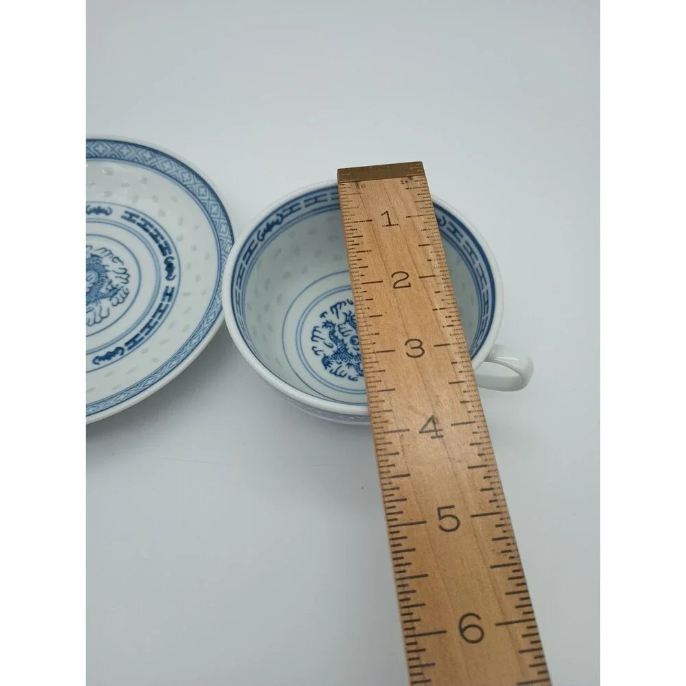 Translucent Tea Cup & Saucer Set Blue Rice Eye White Dragon Vintage Chinese